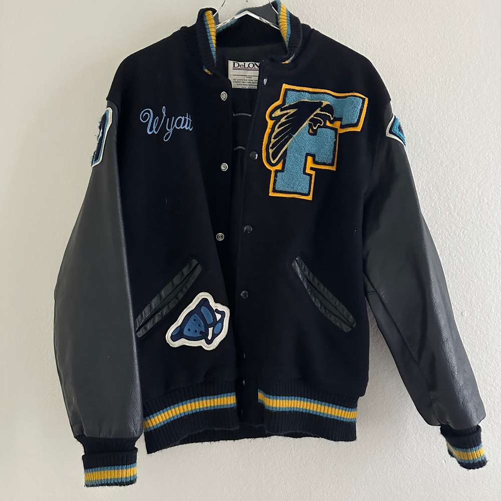 DeLONG Varsity Letterman Jacket Mens L Black Leather Sleeve Falcon Wyatt USA